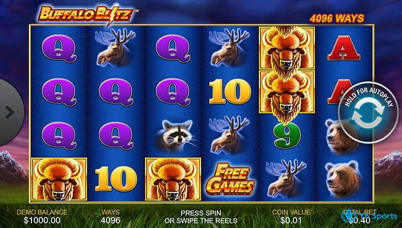 Cuộn phim Buffalo Blitz slot được đặt trên nền đồng cỏ xanh